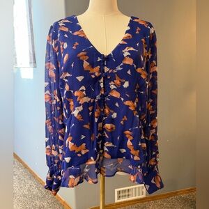Nine West Blue and Orange Floral Blouse